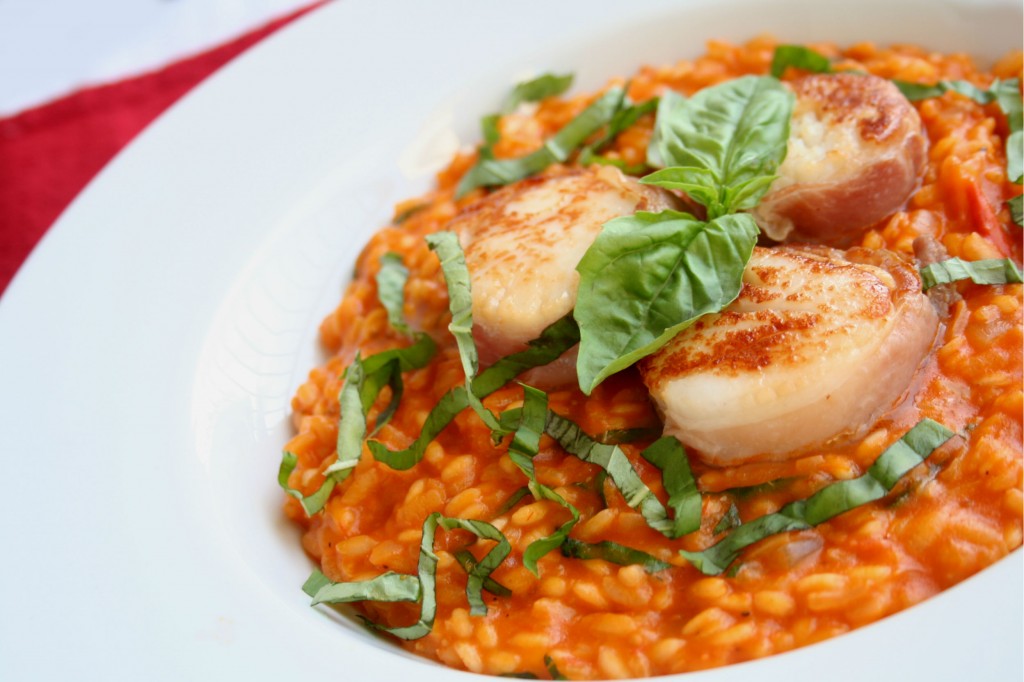 Prosciutto Wrapped Scallops with Roasted Tomato Risotto