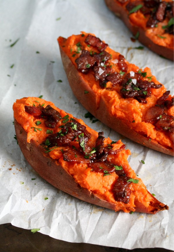 Twice Baked Sweet Potatoes with Candied Bacon